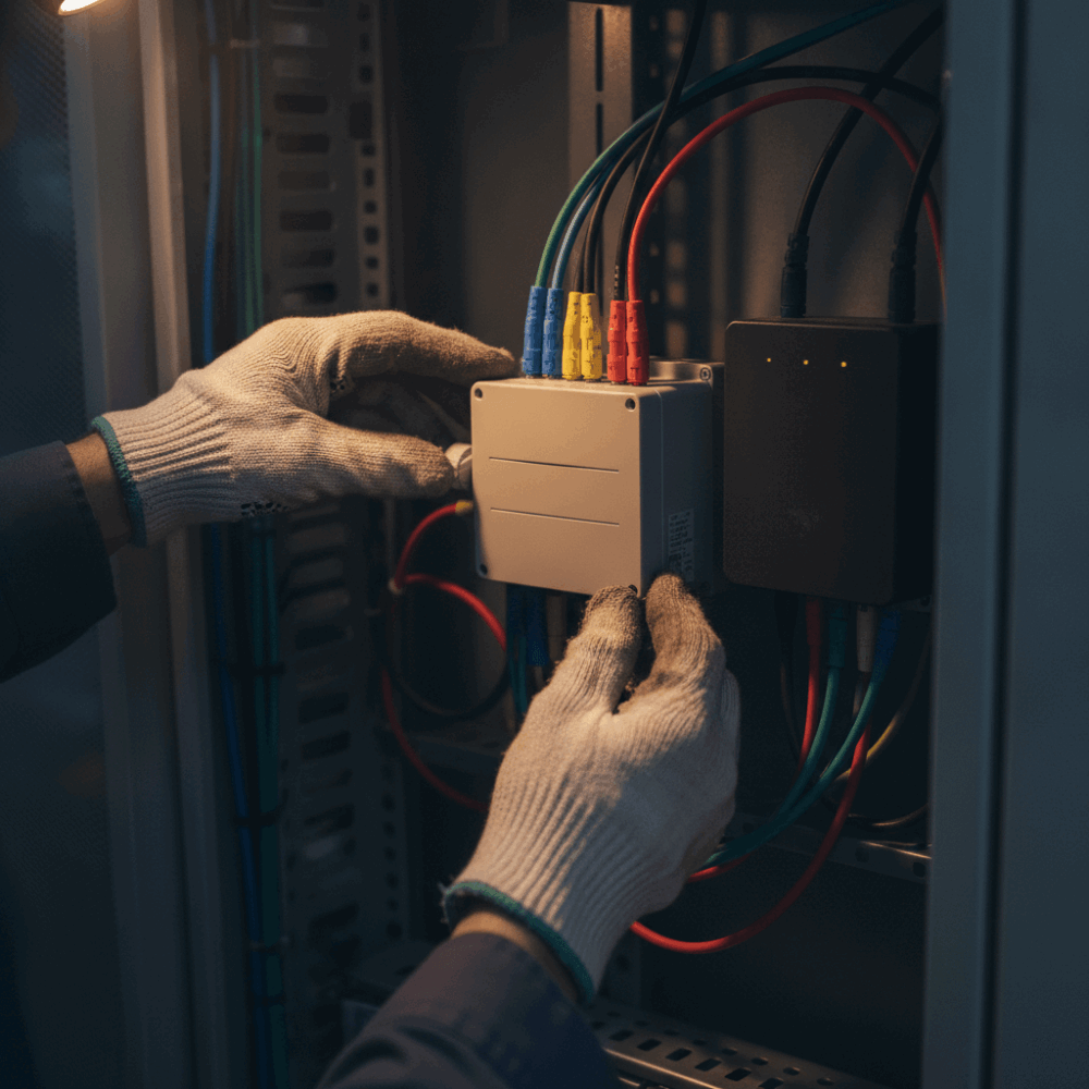 Technicien ajustant un compteur électrique communicant relié à des capteurs dans un local technique