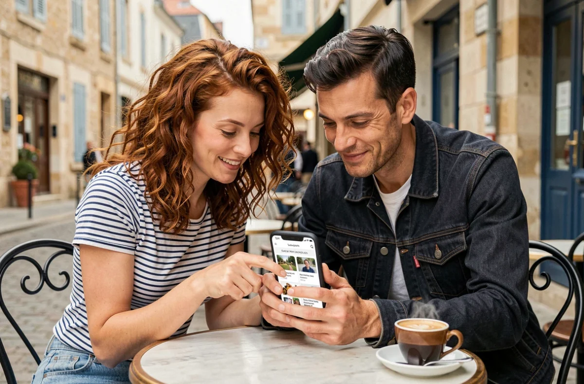 Couple consultant les offres d'abonnement au Spécial Jeux Ouest-France sur un smartphone en terrasse de café breton