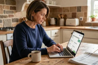 Femme consultant les offres d'abonnement à Spécial Jeux Ouest-France sur un ordinateur portable dans une cuisine bretonne