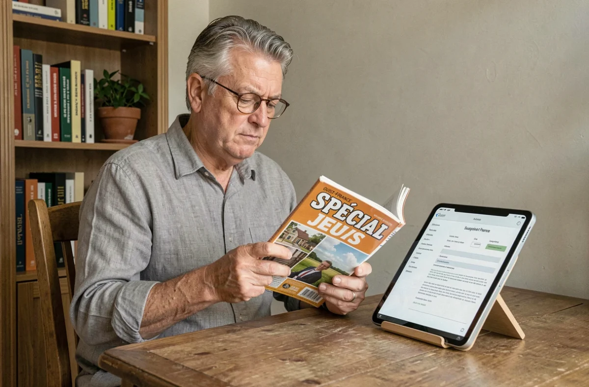 Homme lisant le magazine Spécial Jeux Ouest-France tout en consultant une offre d'abonnement sur une tablette dans un bureau à domicile