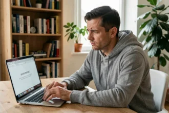 Homme frustré face à un message d'erreur d'accès bloqué sur son ordinateur portable à domicile