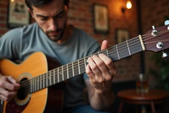 Guitariste adulte appliquant un accord barré B7 sur guitare acoustique, focus sur la main gauche et le manche