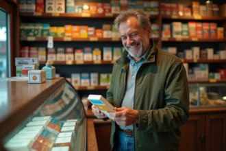 Homme achetant une cartouche de cigarettes dans un bureau de tabac au Luxembourg, examinant les prix affichés sur les étagères