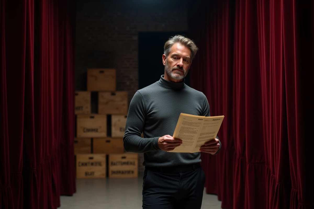 Homme dans les coulisses d'un théâtre consultant un script découpé en actes dramatiques sous une ambiance scénique