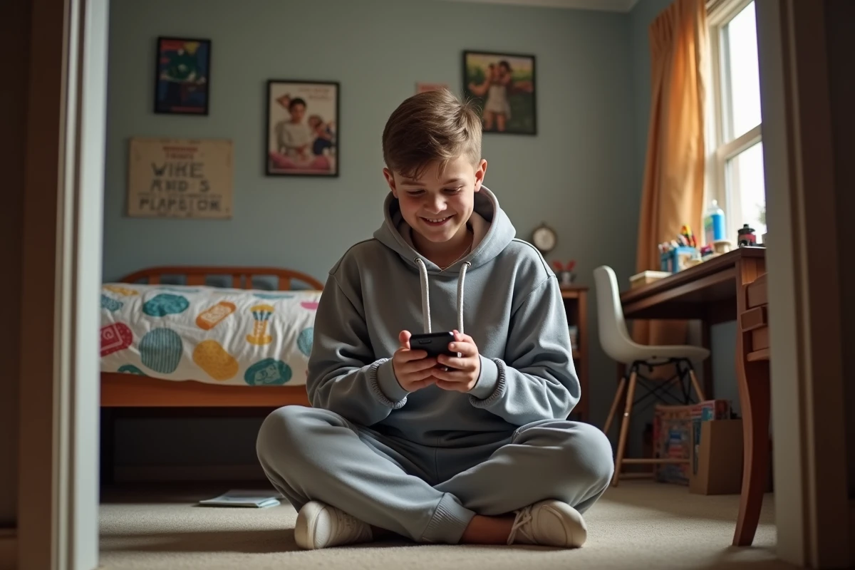 Adolescent souriant utilisant un smartphone dans sa chambre
