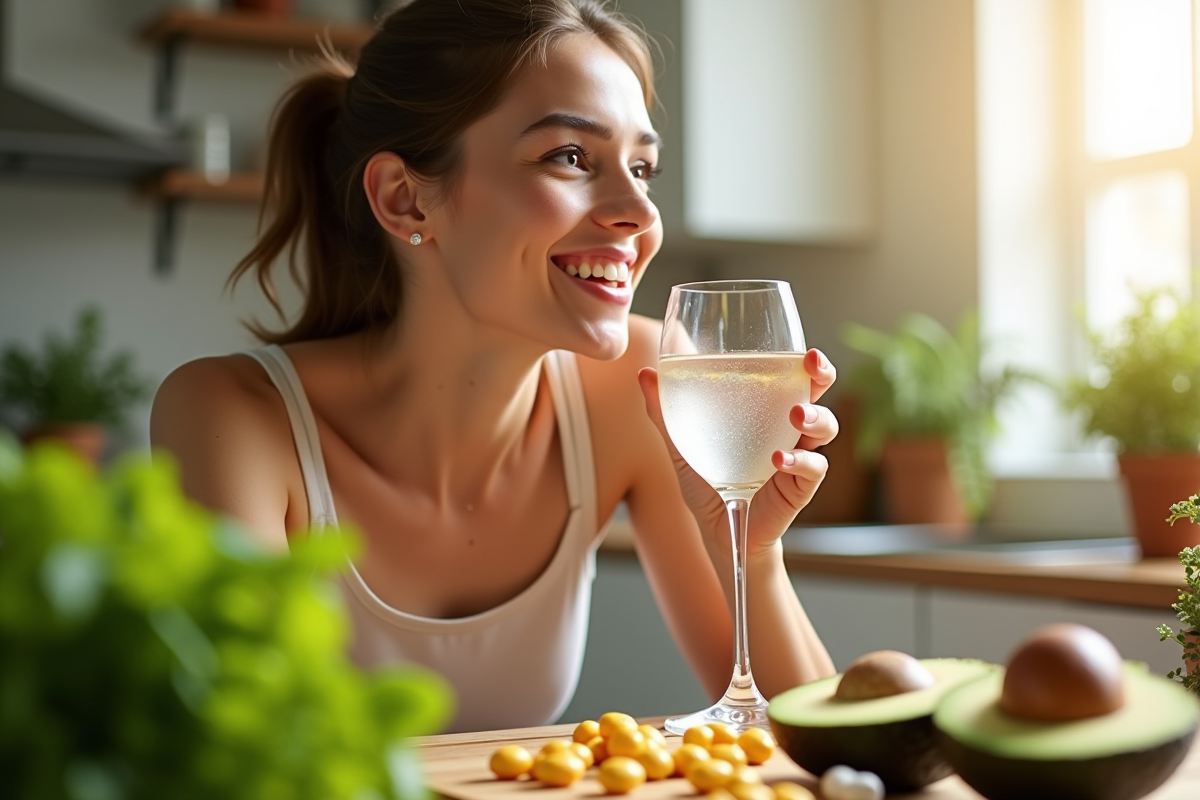 Adulte souriant prenant une vitamine E avec de l