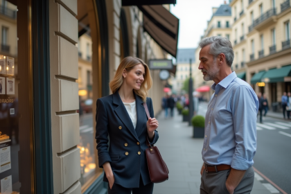 Adultes élégants regardant des annonces immobilières à Paris