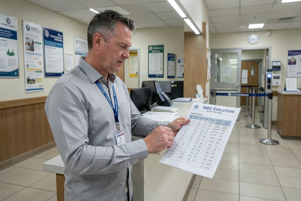 Agent de la fonction publique consultant un tableau de comparaison des grilles salariales et du SMIC dans une mairie