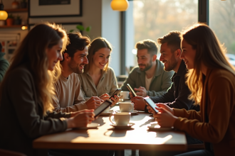 Groupe d'amis au café souriants regardant leurs téléphones