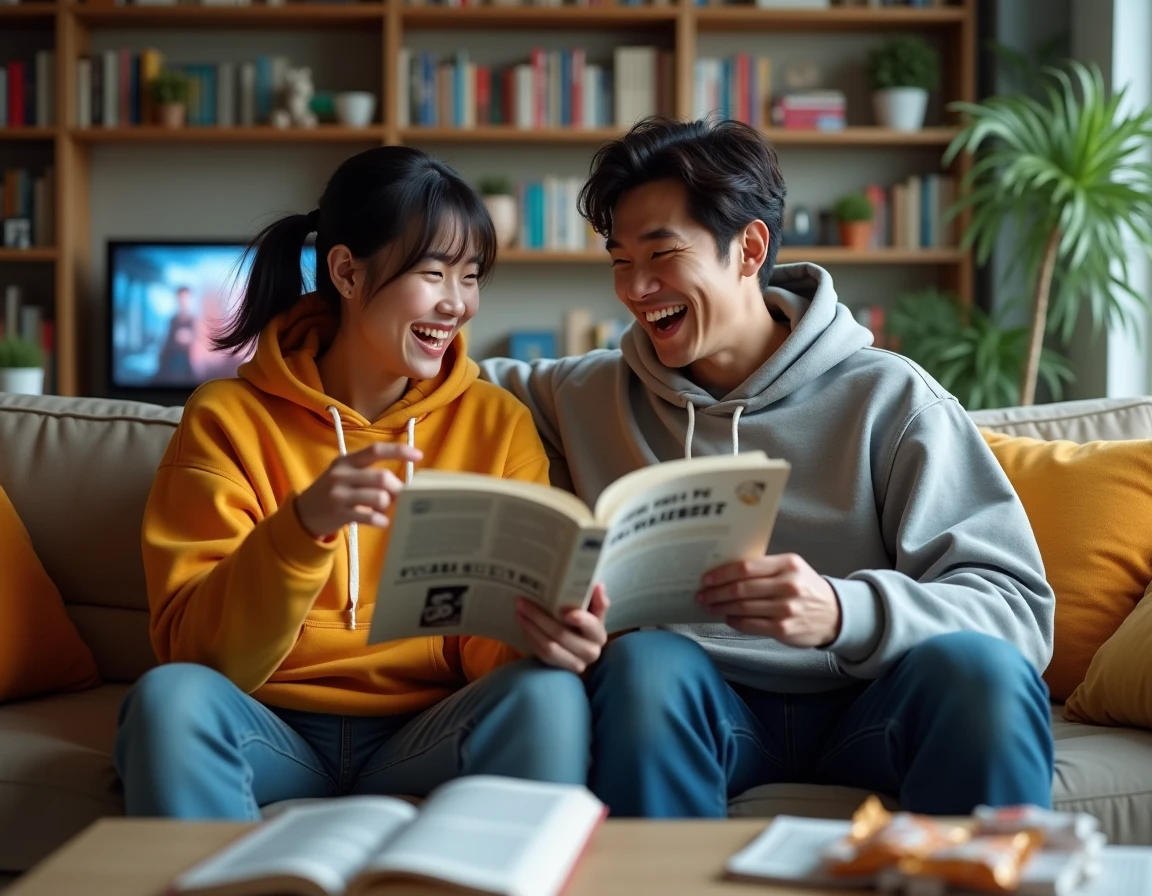 Deux amis passionnés d'anime discutant de mangas sur un canapé dans un salon décoré de volumes et figurines