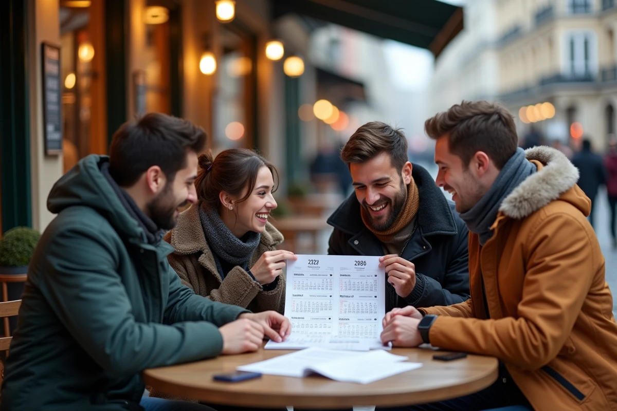 Trois amis discutant autour d un calendrier 2026 en terrasse