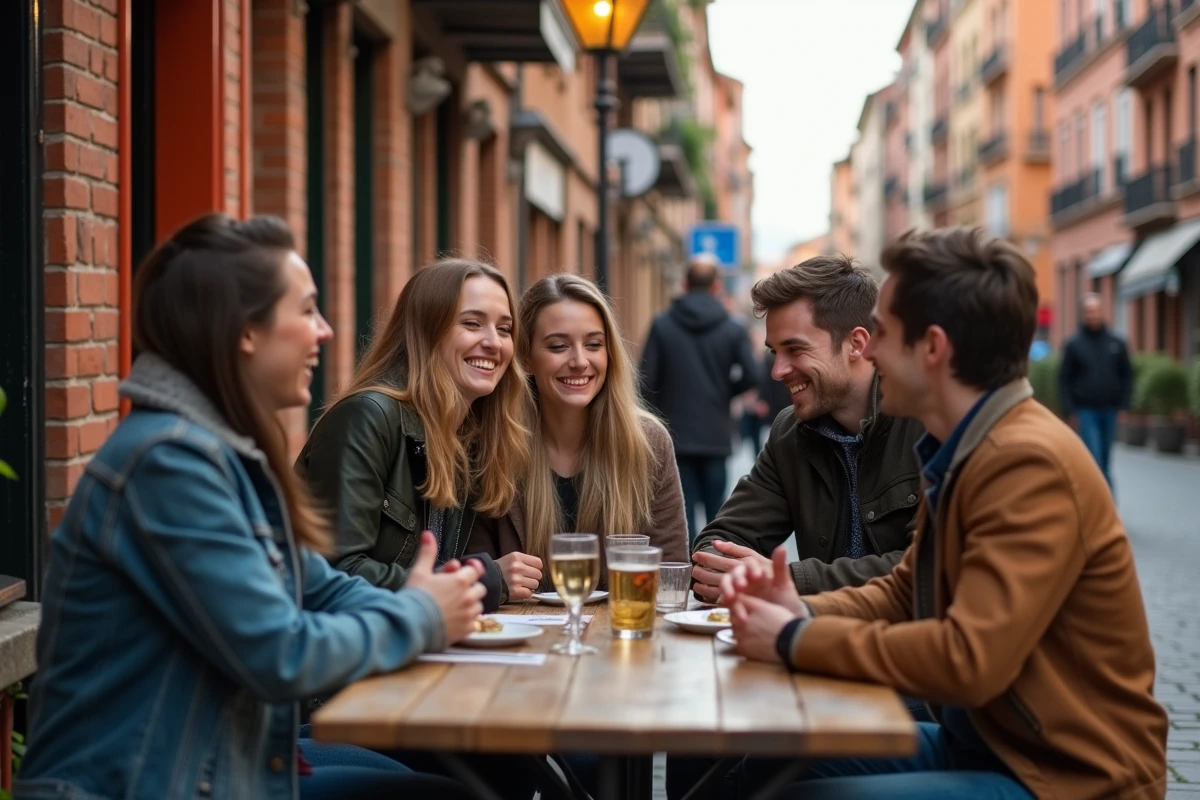 Groupe d'amis à Toulouse dans une rue animée