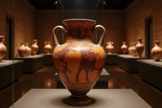 Amphore grecque antique représentant le mythe du Minotaure exposée dans un musée archéologique