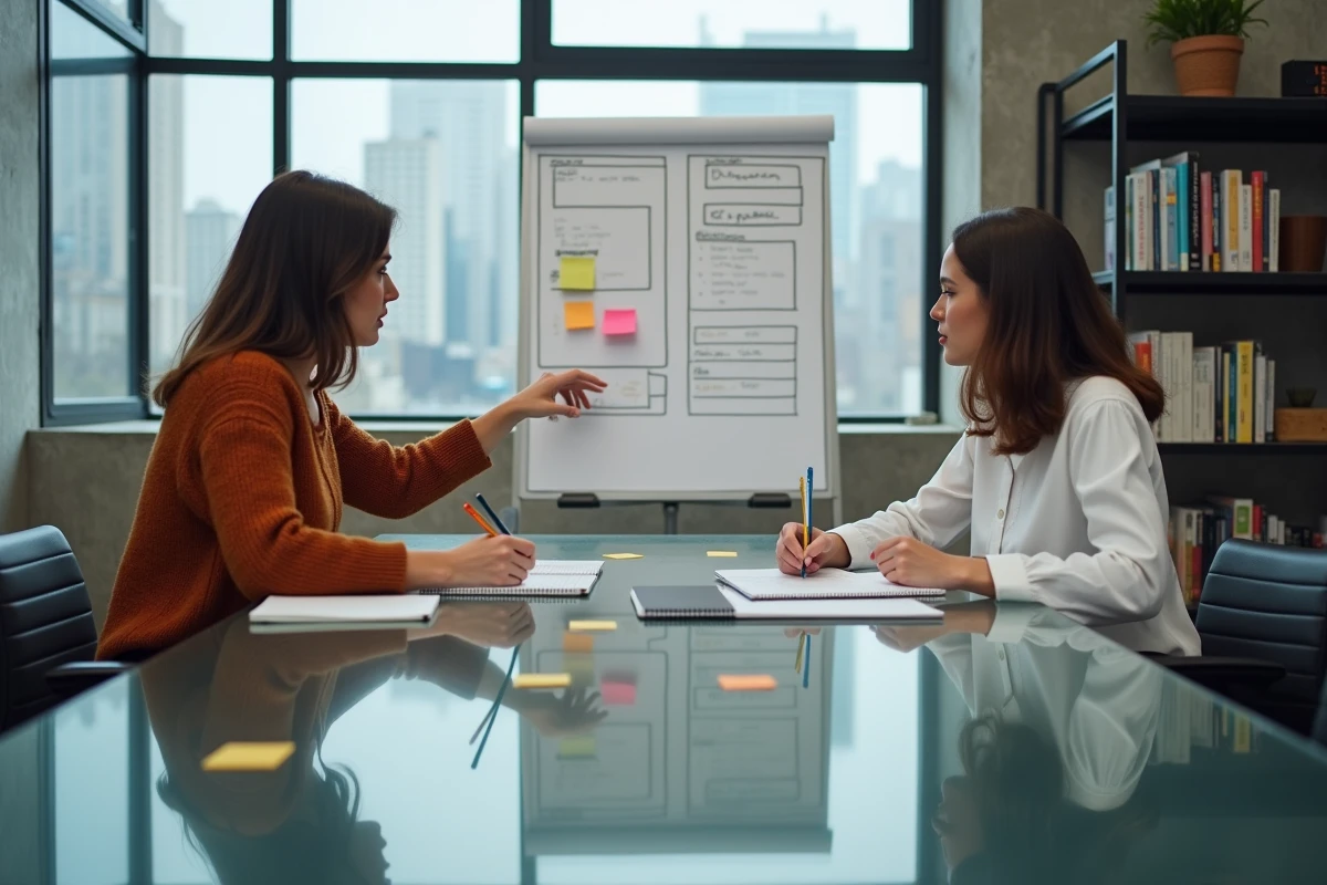 Deux femmes dans un studio créatif analysant un storyboard structuré en actes narratifs lors d'une session de travail collaborative