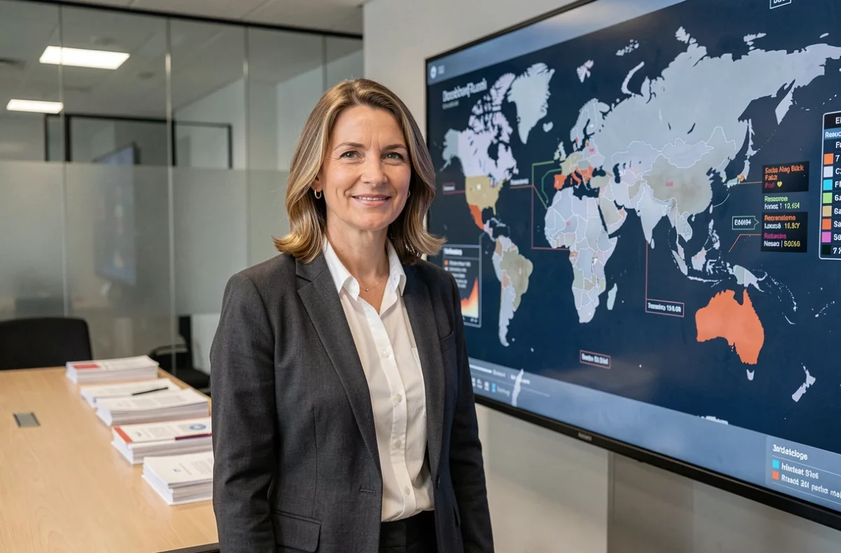 Analyste géopolitique féminine devant une carte mondiale interactive affichant la taille des pays et leurs ressources naturelles