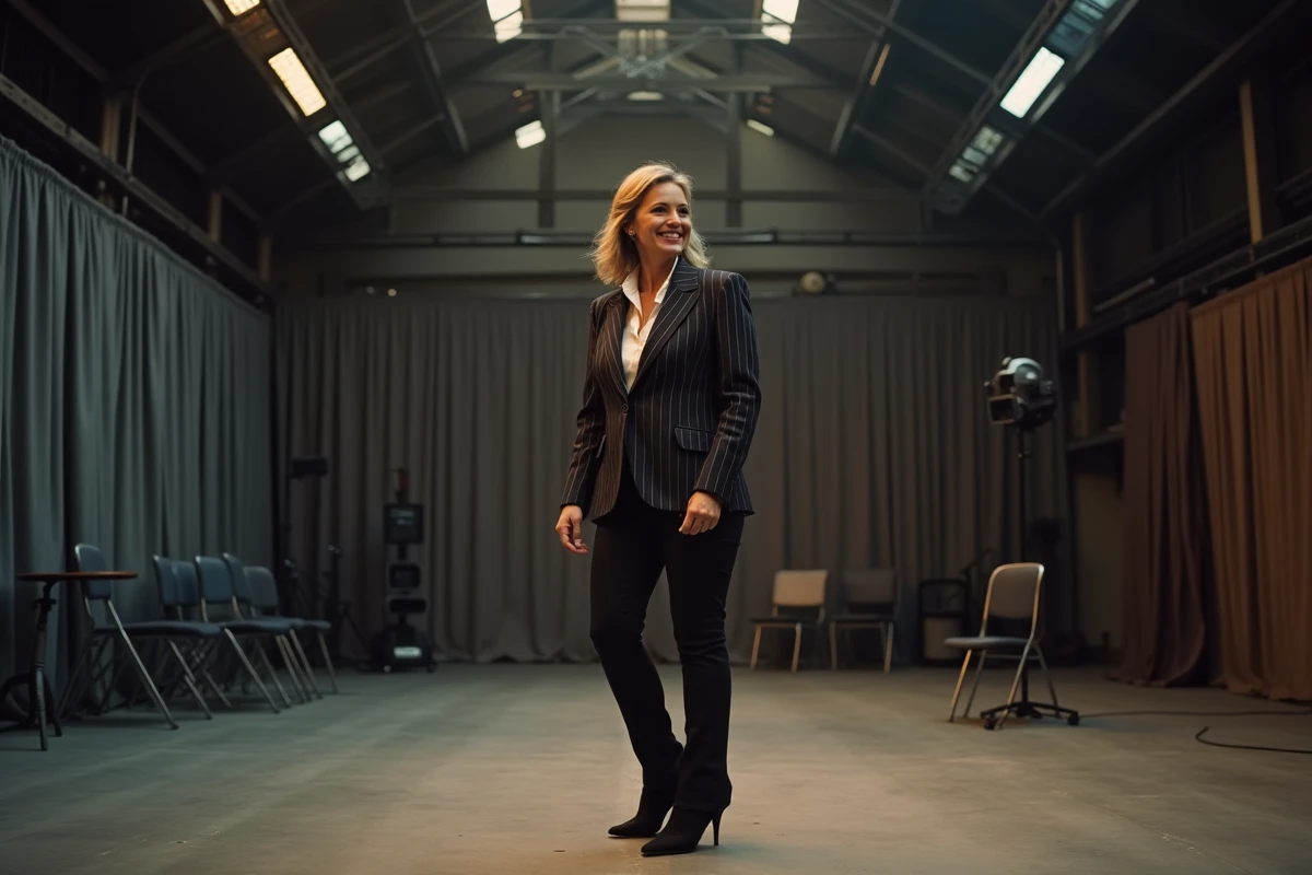 Animatrice TV en studio en train de relire ses lignes