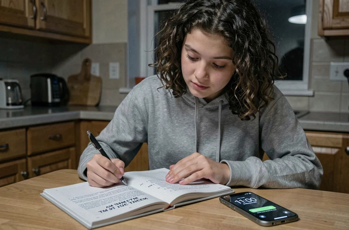 Adolescente étudiant les expressions AM et PM en anglais dans un manuel scolaire posé sur une table de cuisine, avec un smartphone affichant 23h00