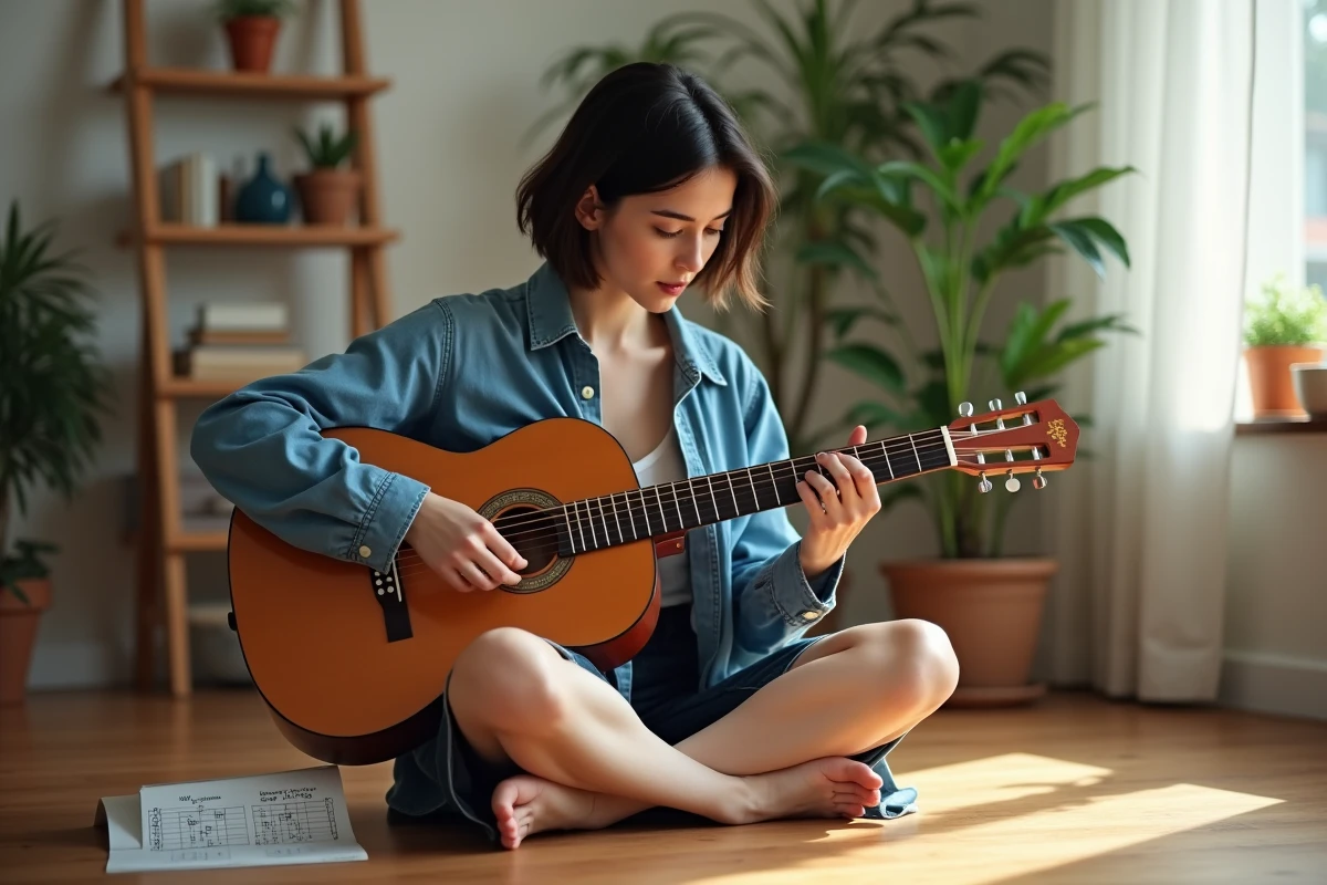 Jeune femme apprenant l'accord barré B7 à la guitare classique, assise sur le sol avec une fiche d'accords