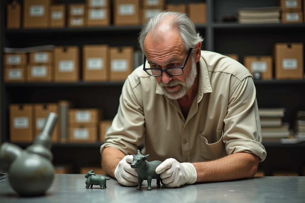 Archéologue examinant une figurine de taureau en bronze de l'âge du bronze dans un laboratoire de conservation universitaire