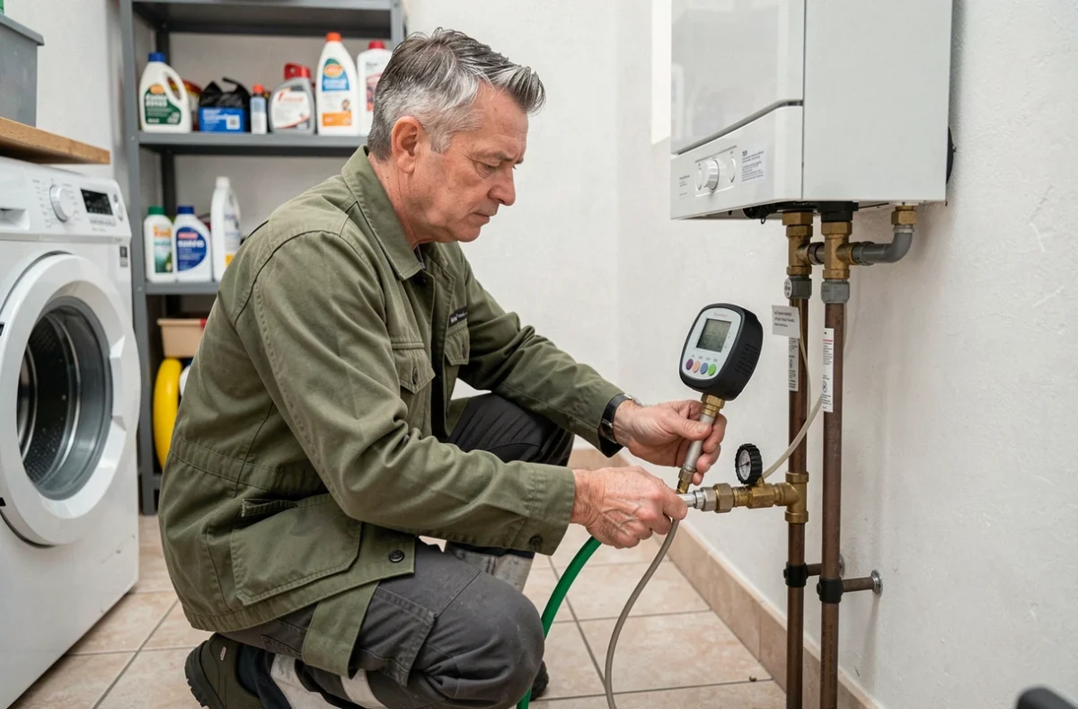 Technicien d'ART Plomberie Chauffage effectuant la maintenance d'une chaudière dans une buanderie résidentielle