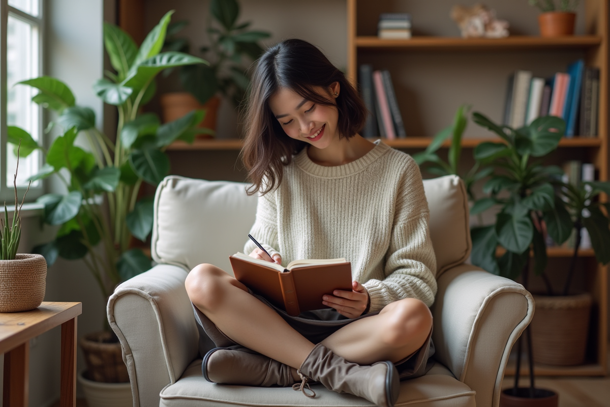 Jeune adulte dessinant dans un loft cosy et lumineux