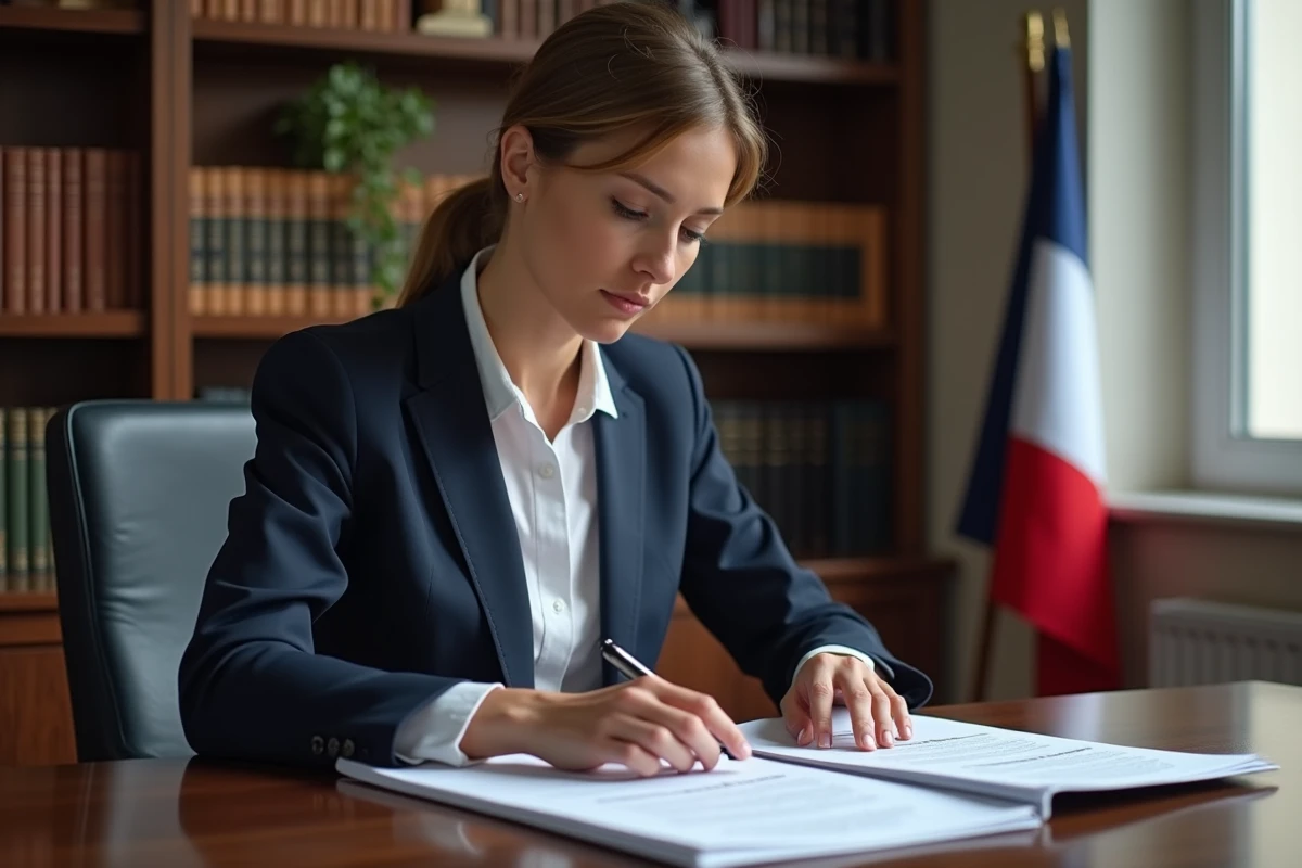 Avocate en costume navy préparant des documents juridiques