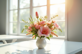 Bouquet de fleurs modernes en forme de V sur table blanche