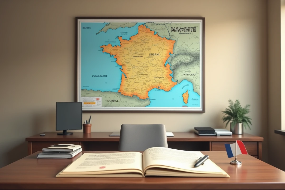 Bureau administratif avec carte officielle des départements français d'outre-mer montrant Mayotte comme département français au mur