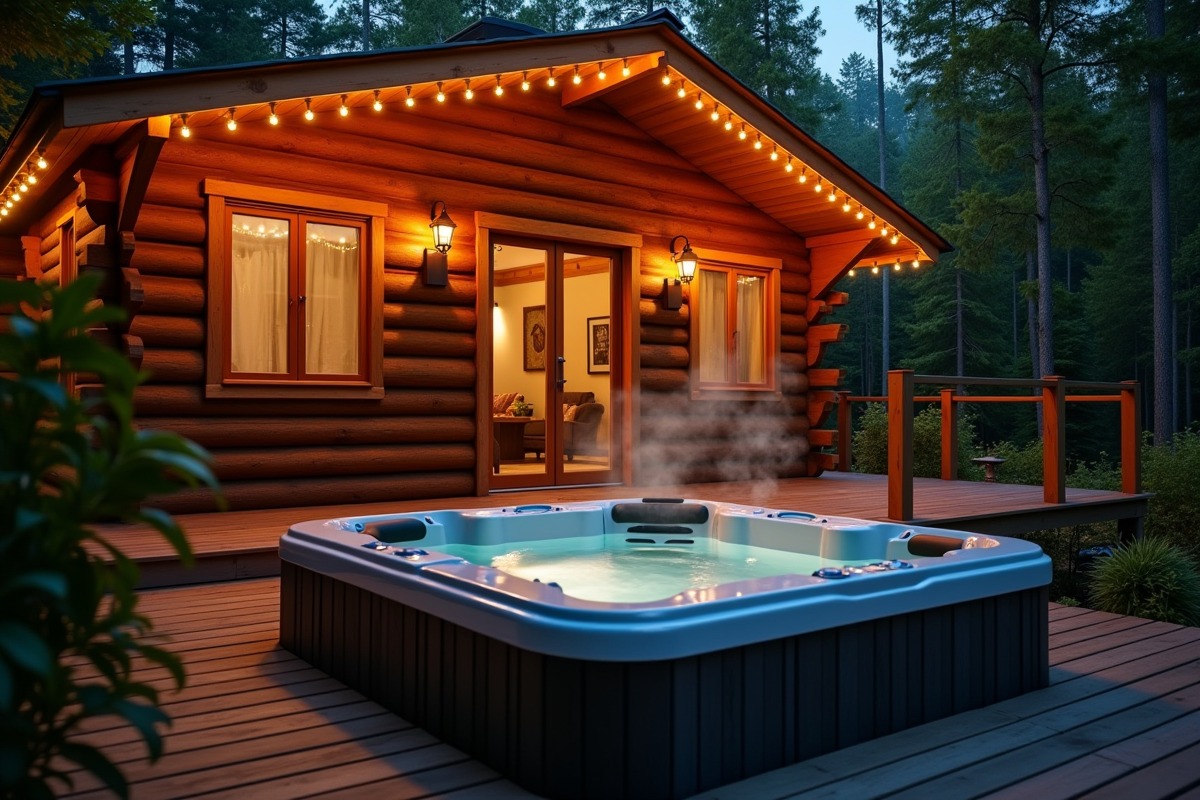 Cabane en bois chaleureuse avec jacuzzi extérieur éclairé