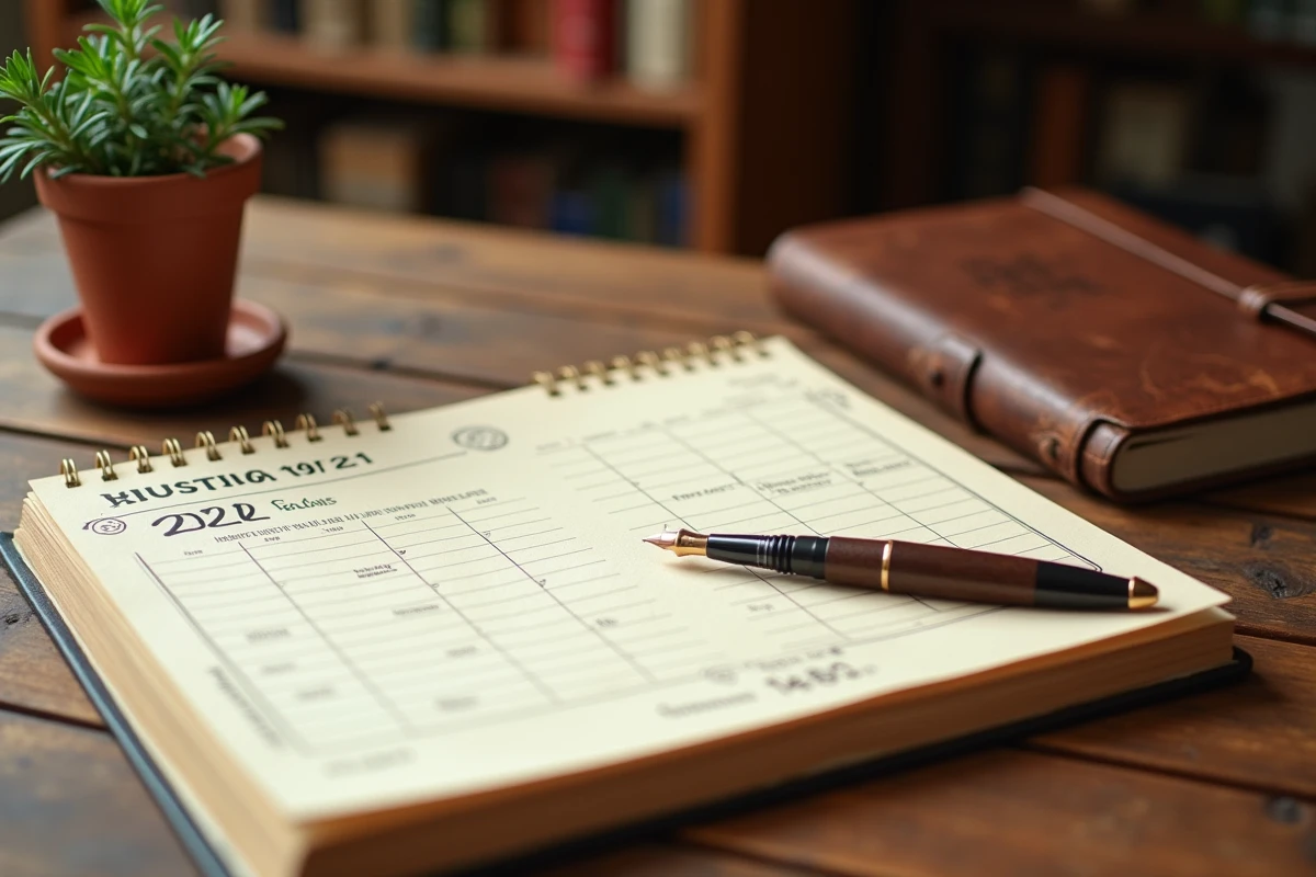 Calendrier liturgique français 2026 ouvert sur un bureau en bois avec un stylo plume et un carnet