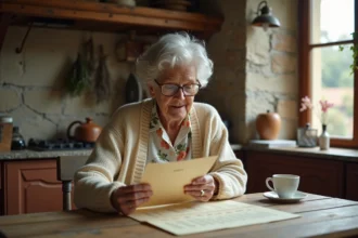 Femme âgée consultant un calendrier des saints français à sa table de cuisine traditionnelle