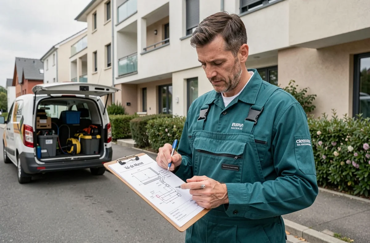 Plombier de CALITEA devant un immeuble résidentiel dans le Val-de-Marne, consultant un plan de plomberie