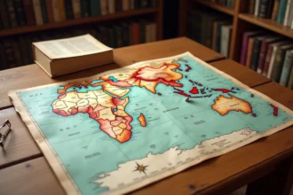 Carte politique de l'océan Indien montrant Mayotte et l'archipel des Comores avec annotations manuscrites sur une table en bois