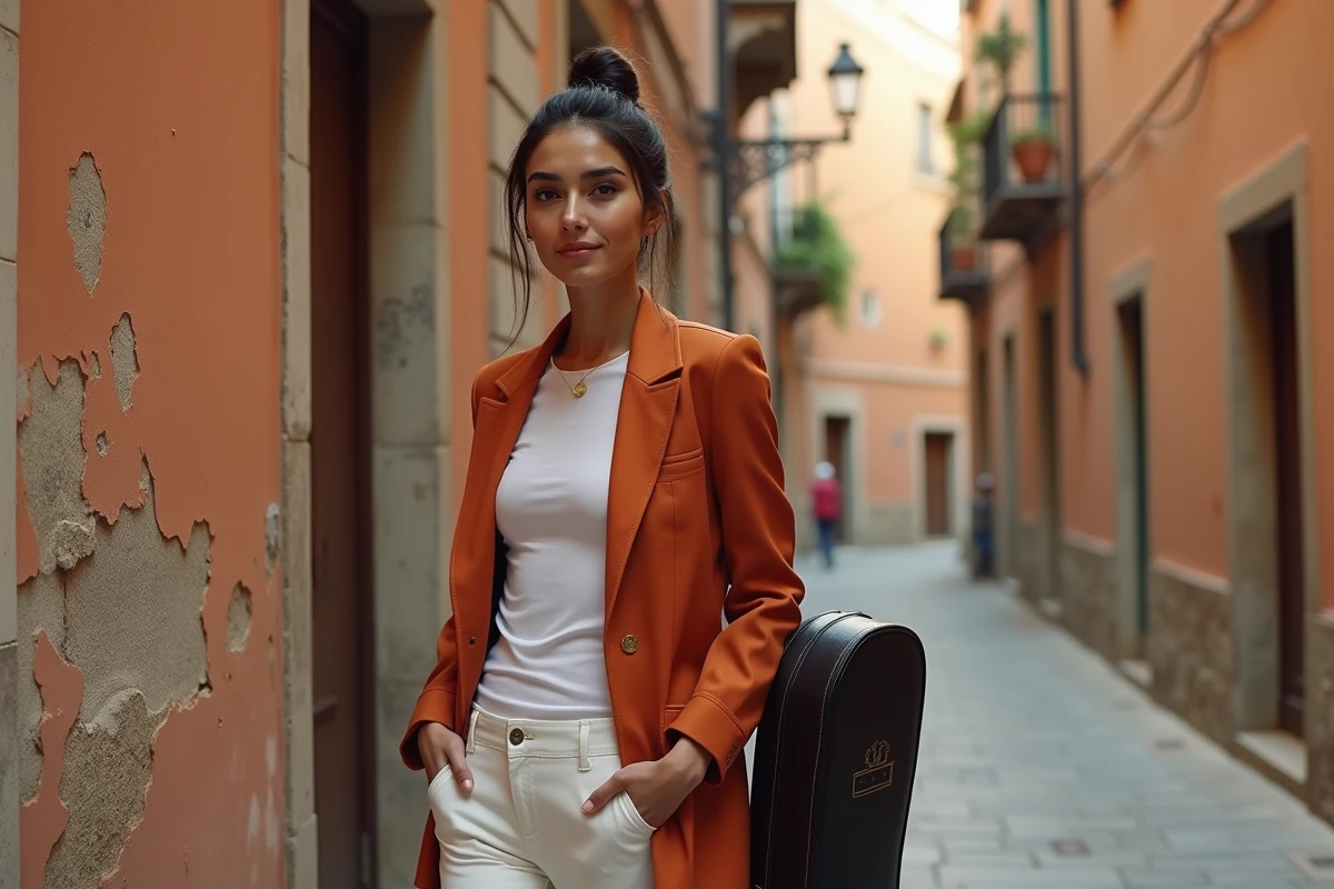 Chanteuse italienne contemporaine posant dans une ruelle pavée de Naples avec une étui à guitare, devant un mur en stuc terracotta et des volets colorés