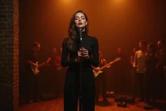 Chanteuse italienne contemporaine interprétant un titre sur scène devant un microphone vintage dans une salle de concert intimiste aux murs en briques apparentes