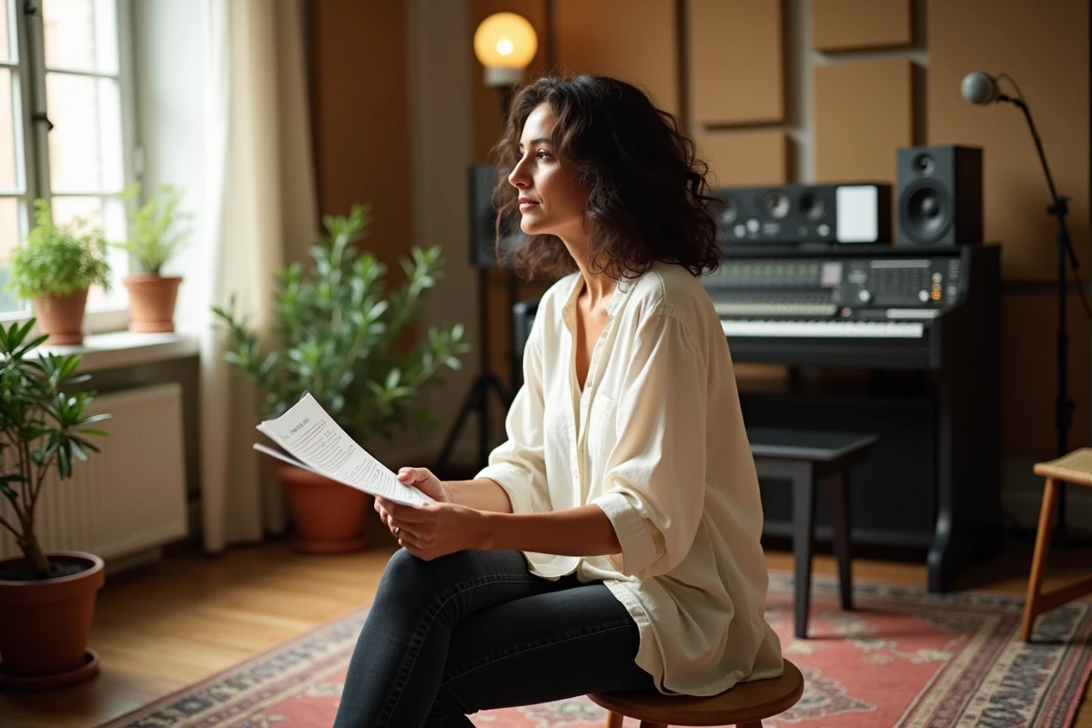 Chanteuse italienne en studio d'enregistrement assise sur un tabouret en bois tenant des partitions, entourée de panneaux acoustiques et d'un bureau de mixage