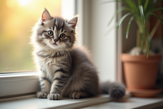 Chaton british shorthair gris souriant sur une fenêtre lumineuse
