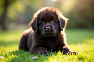 Chiot Newfoundland dans un jardin ensoleille