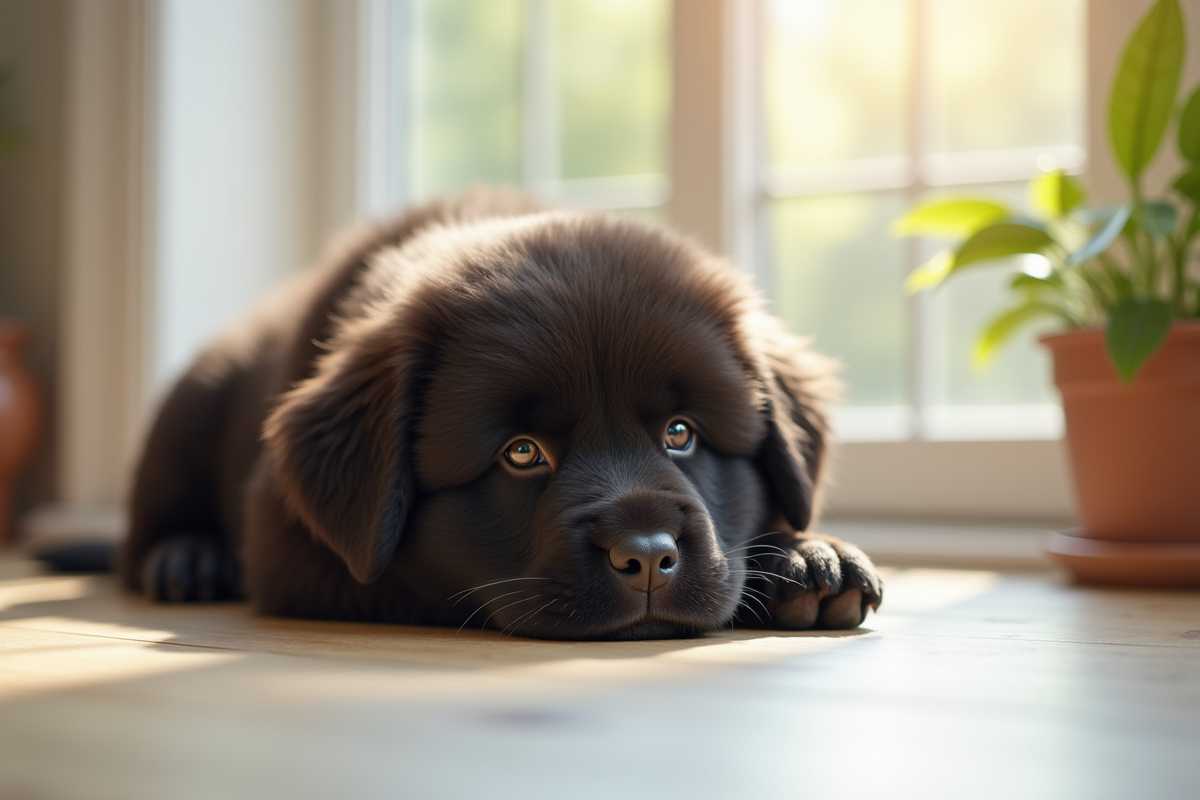 Chiot Newfoundland repose a l interieur