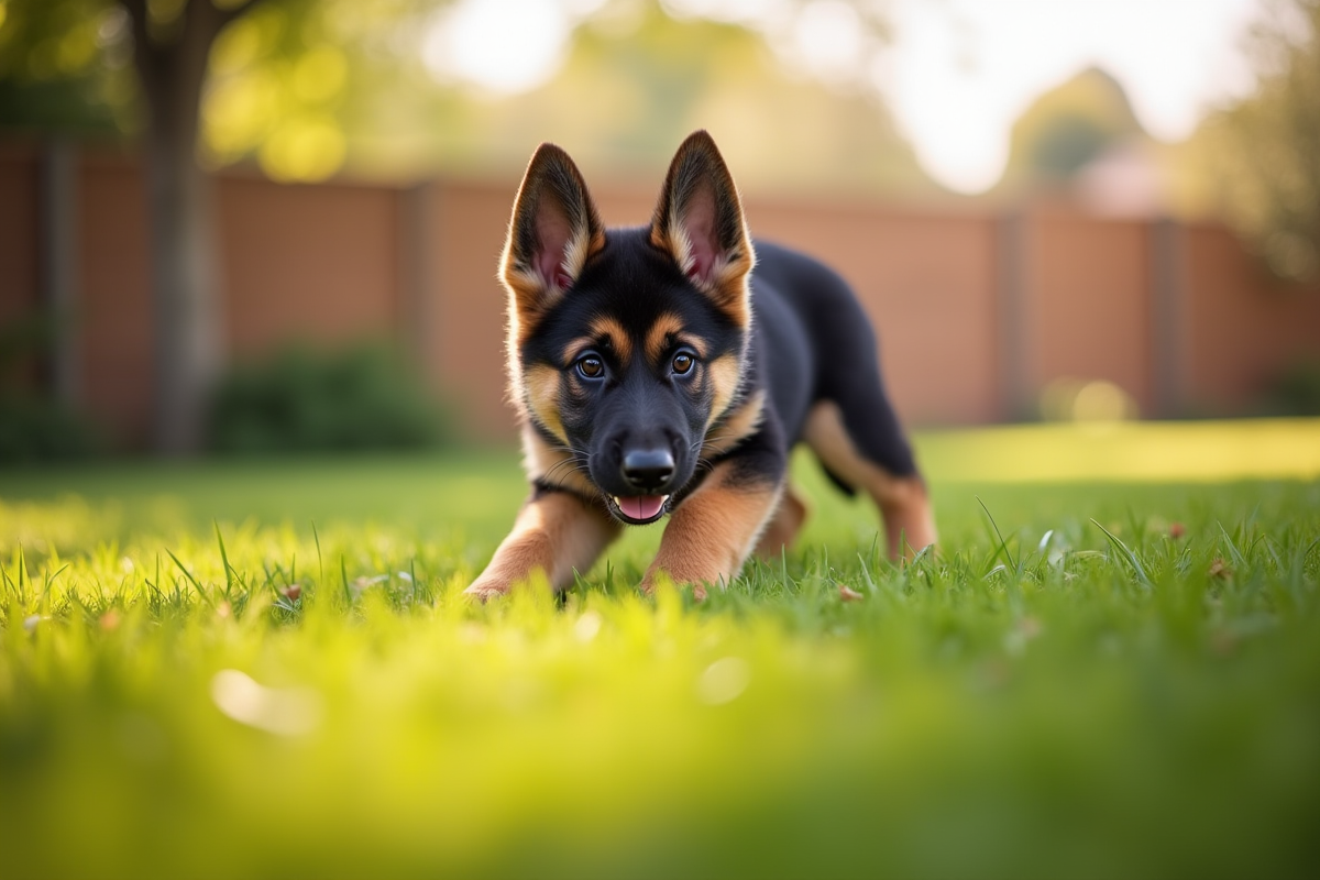 Chiot berger allemand explore un jardin ensoleille