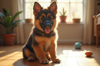 Chiot berger allemand dans un salon ensoleille