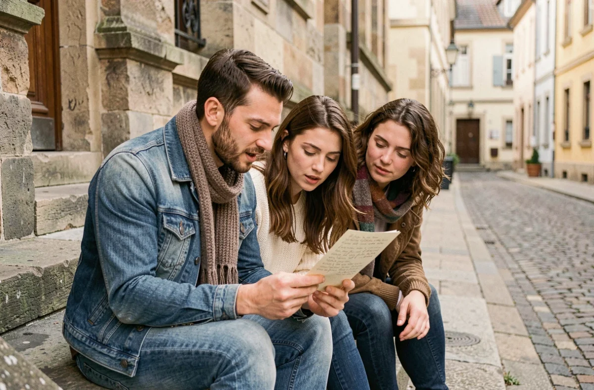 Trois amis écoutant la lecture d'une lettre manuscrite sur des marches en pierre, évoquant des mots sincères qui restent gravés dans l'amitié