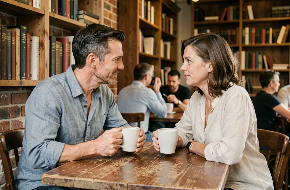 Un homme et une femme en conversation sincère dans un café chaleureux, symbolisant une amitié profonde et authentique