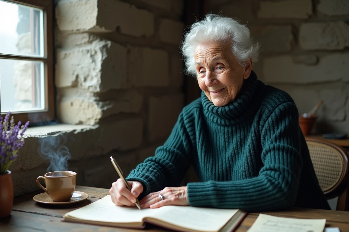Femme âgée écrivant un vœu de paix dans un journal sur un bureau en bois rustique près d'une fenêtre givrée, atmosphère sereine et introspective pour 2026