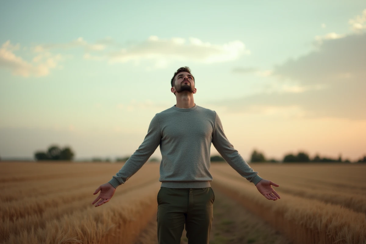 Homme contemplatif debout dans un champ de blé au coucher du soleil, les bras ouverts, symbolisant la paix et les vœux de sérénité pour l'année 2026