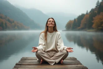 Femme en méditation paisible assise sur un ponton en bois au bord d'un lac de montagne brumeux, évoquant la sérénité et la paix intérieure pour 2026