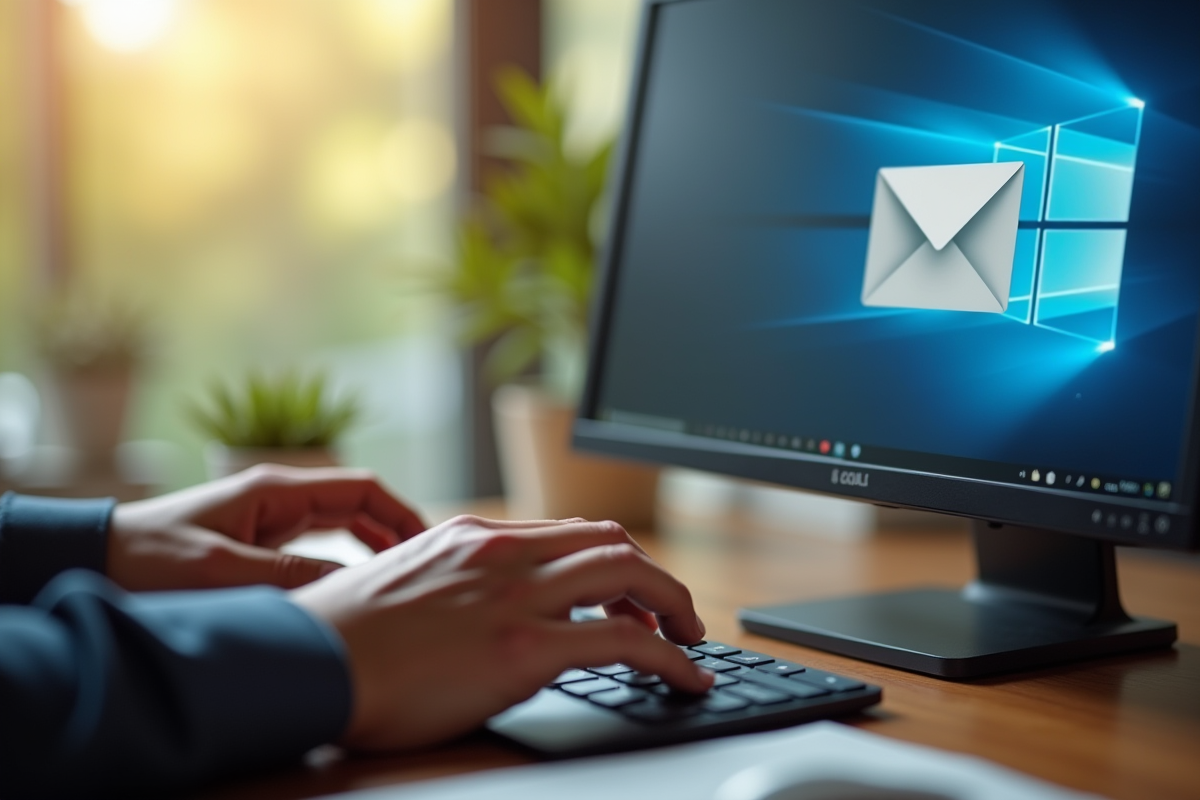 Mains tapant sur un clavier devant un écran de webmail en lumière naturelle