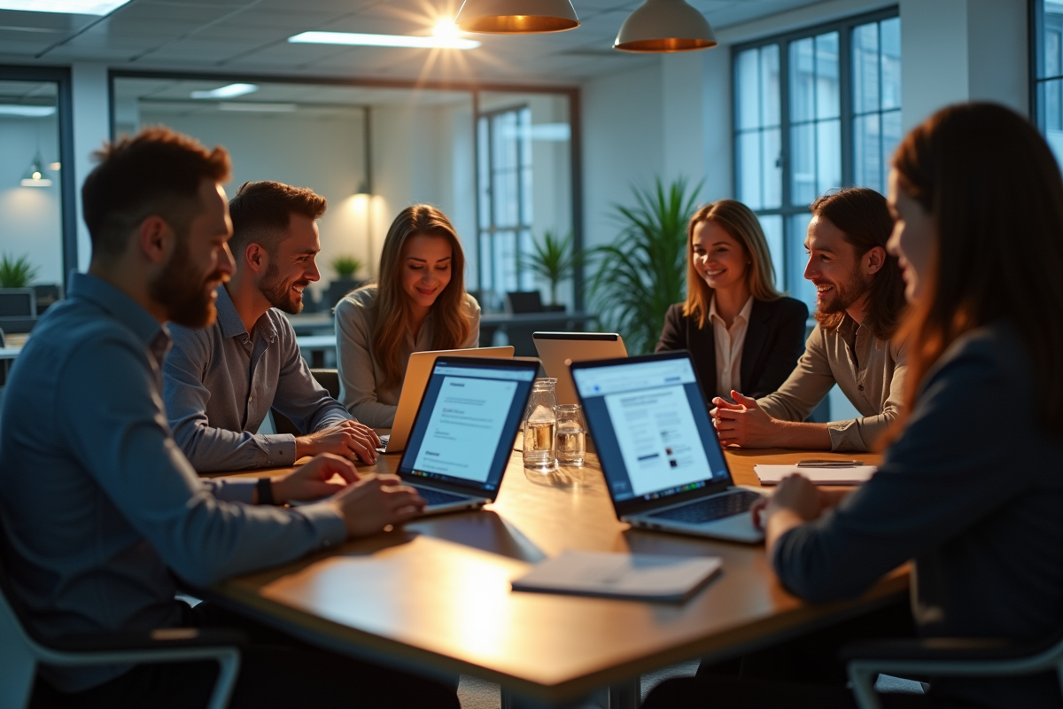 Groupe de collègues collaborant dans un bureau lumineux et ouvert