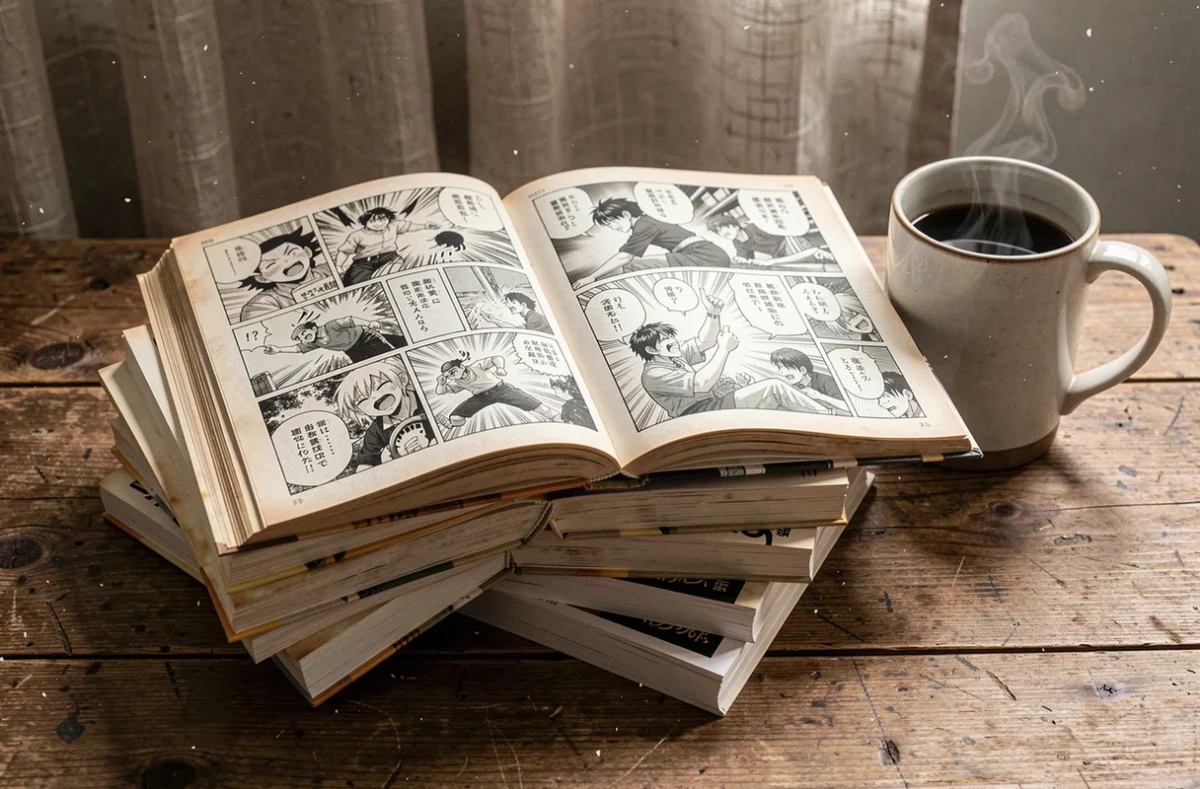 Collection de volumes manga One Piece ouverts sur une table en chêne évoquant le chapitre 1138 et ses révélations