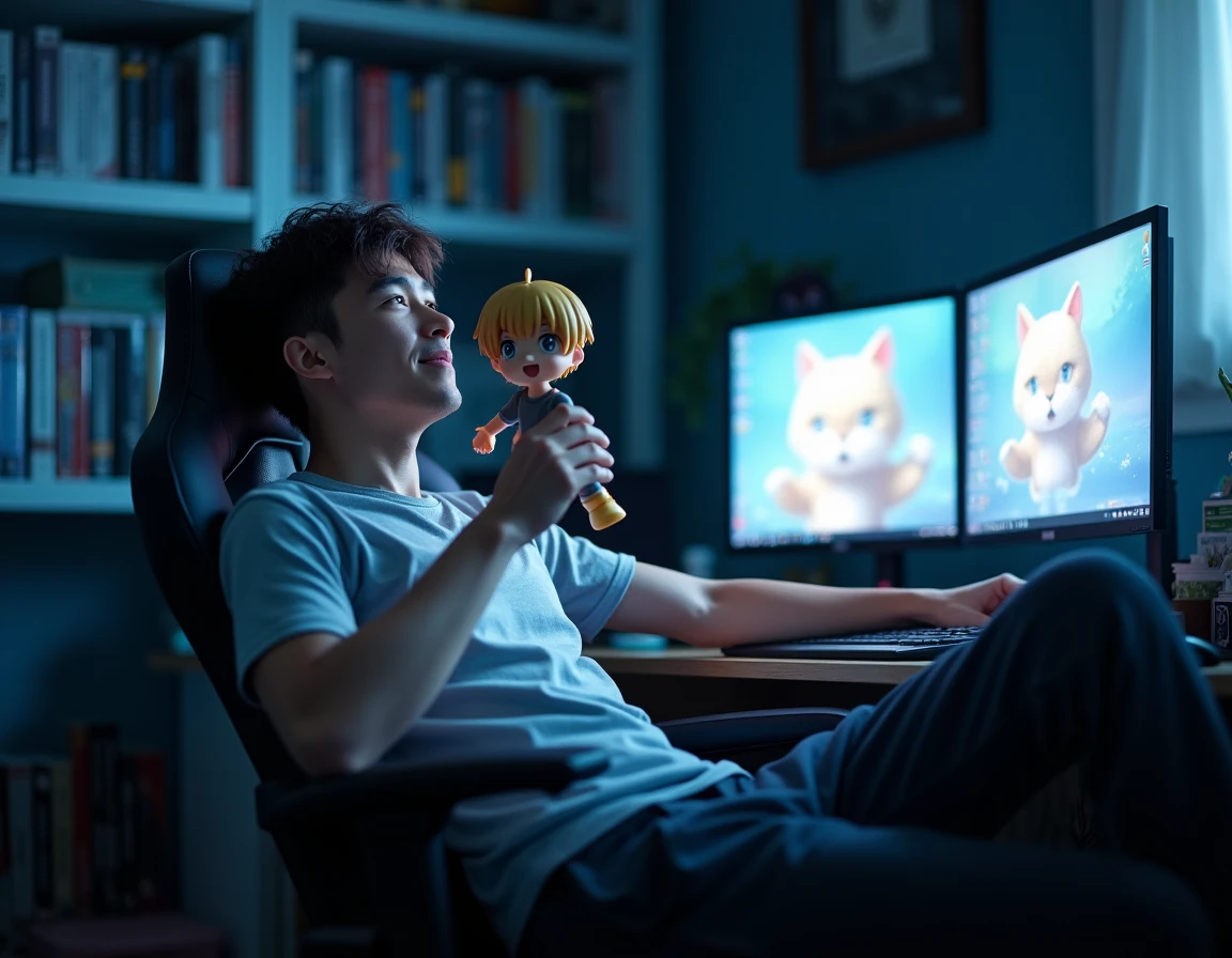 Jeune homme collectionneur de figurines anime dans son bureau gamer entouré de produits dérivés manga